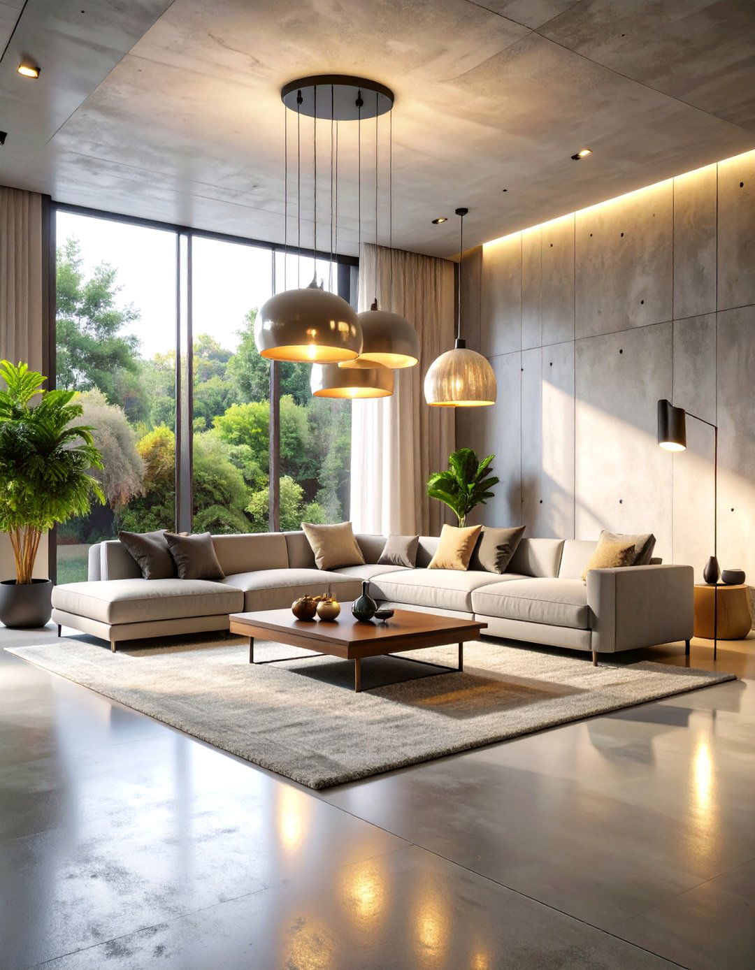Statement Lighting Concrete Floor Living Room Designs - 20 Concrete Floor Living Room Ideas