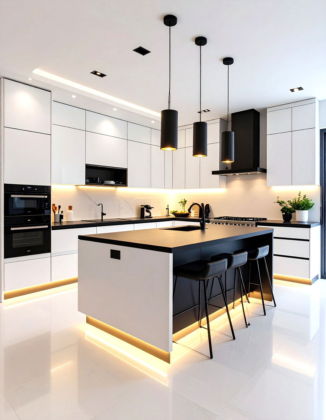 Statement Lighting White Kitchen with Black Countertops - 20 white kitchen with black countertops ideas