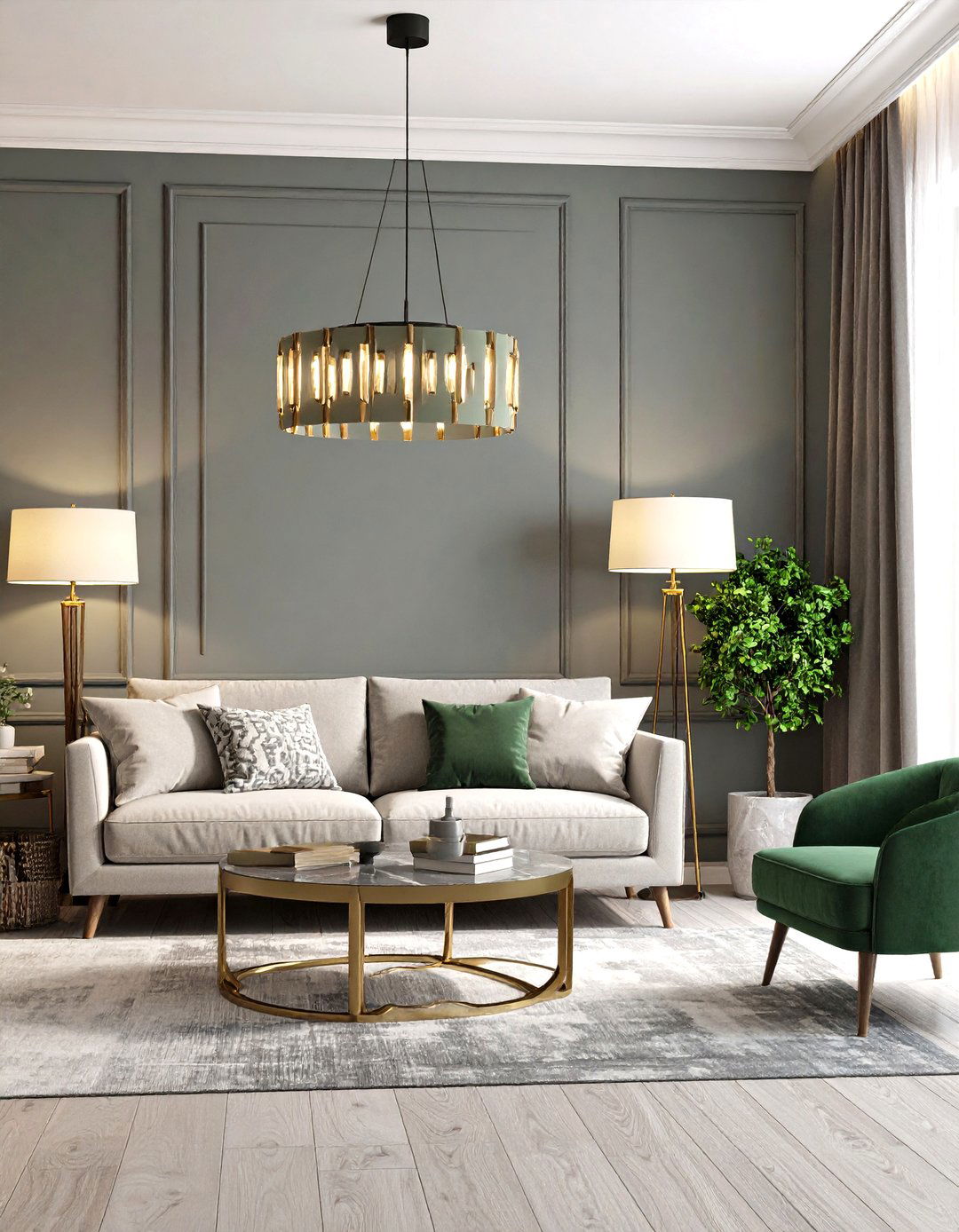 Statement Lighting as a Colour Echo - 20 Grey and Sage Green Living Room Ideas