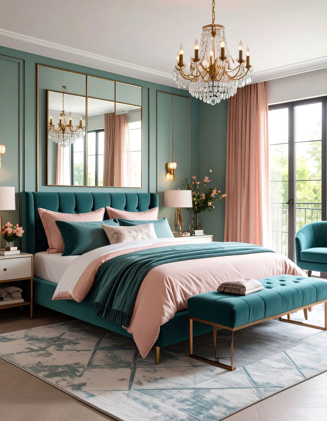 Statement Lighting in Complementary Hues - 20 Teal and Pink Bedroom Ideas