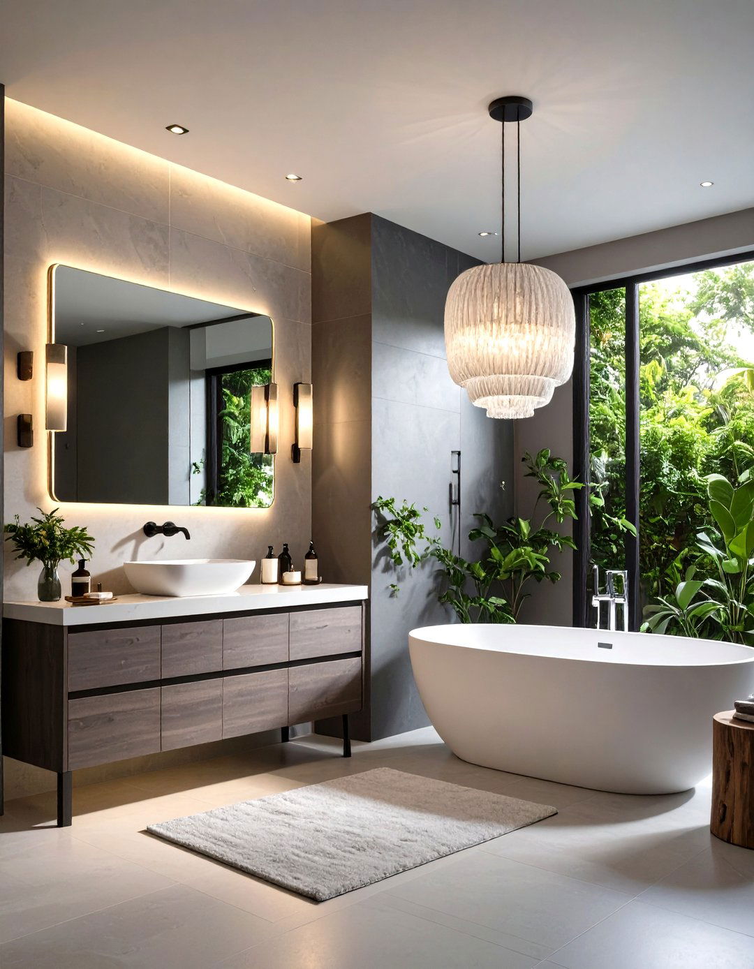 Statement Lighting in Grey and White Bathroom - 20 Grey and White Bathroom Ideas