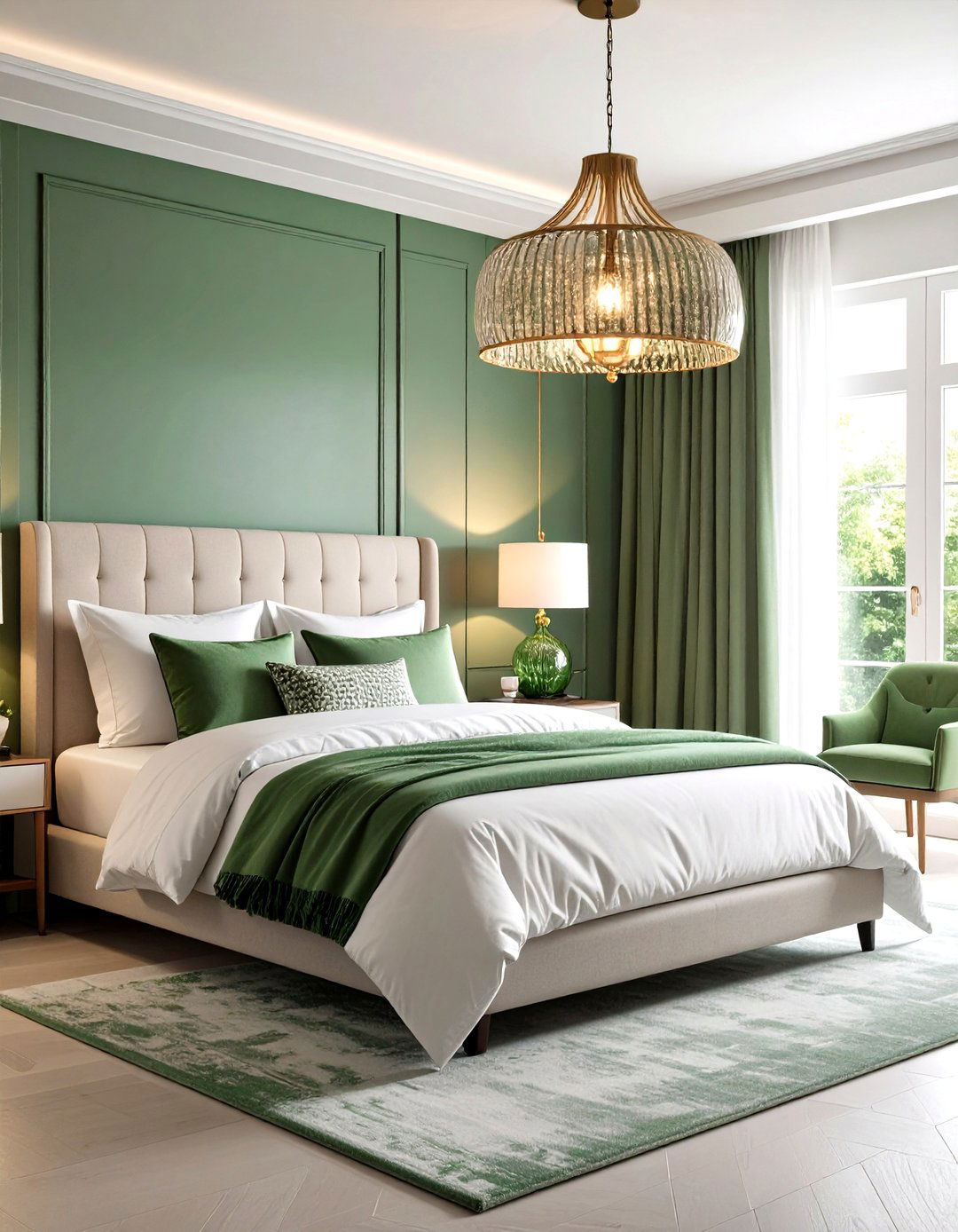 Statement Lighting in Verdant Hues - 20 Green and White Bedroom Ideas