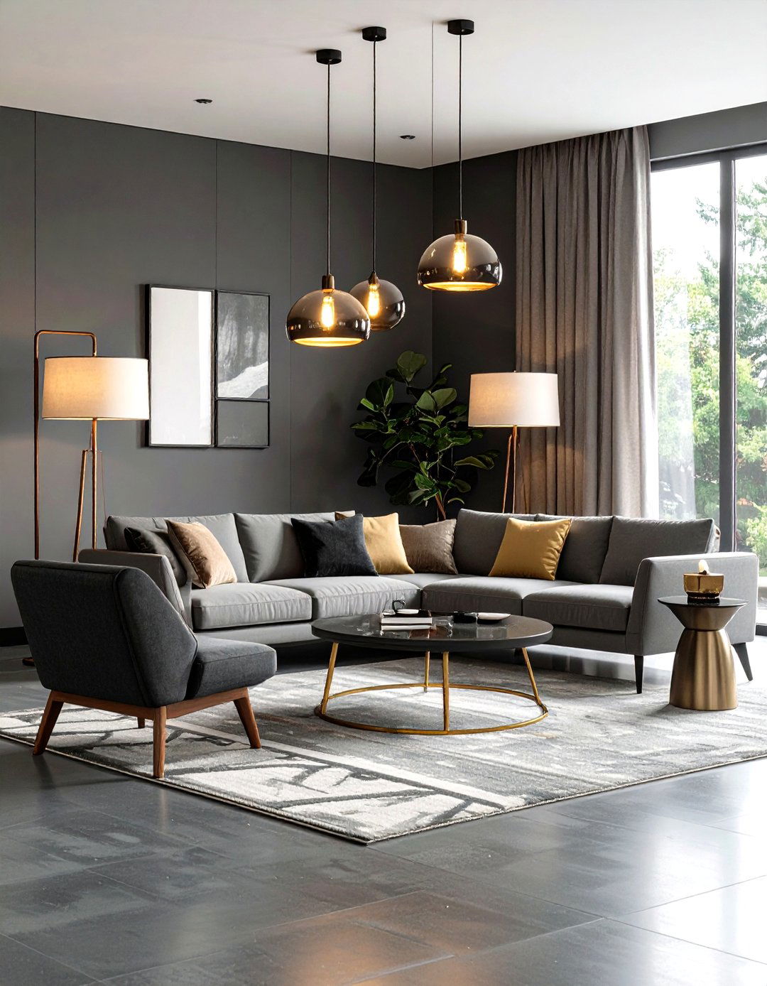 Statement Lighting to Illuminate Texture - 20 Grey Living Room With Dark Wood Floors