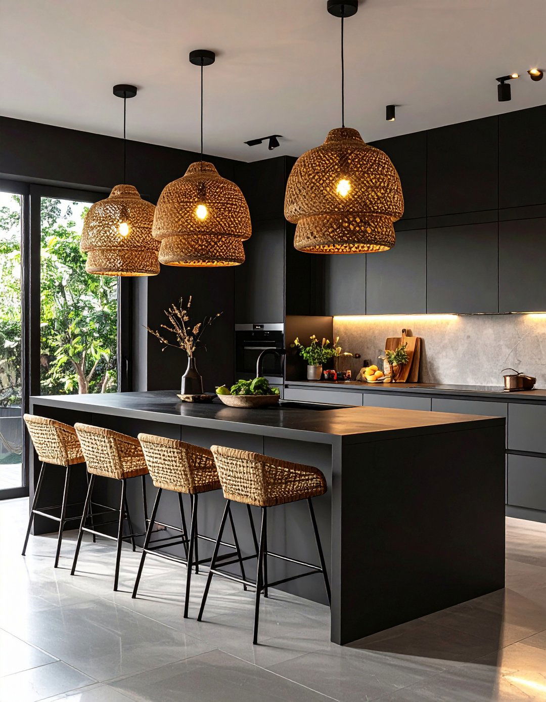 Statement Pendants Over a Black Island - 20 Black Kitchen Islands