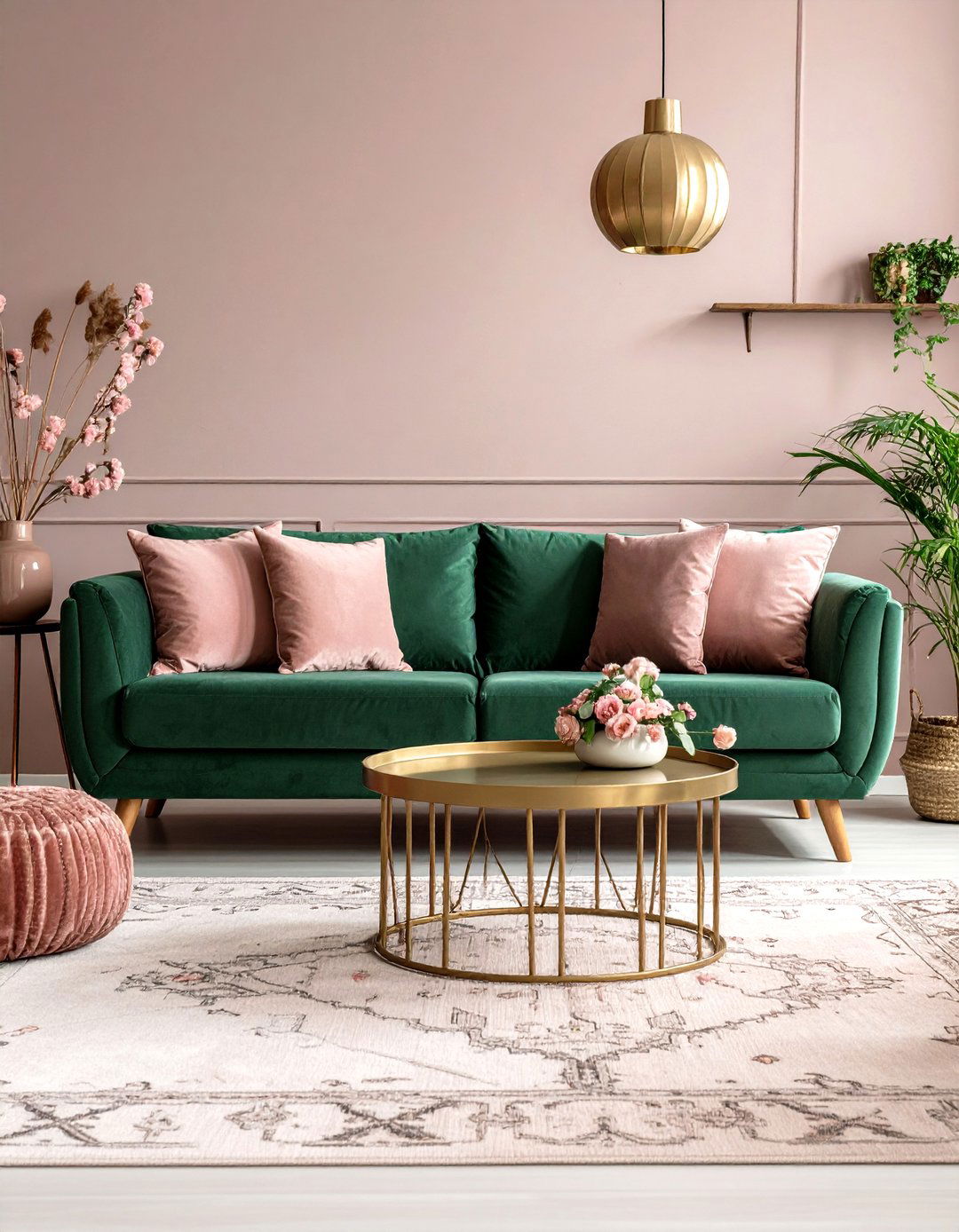 Statement Rug as Color Bridge - 20 Emerald Green Sofa Living Room Ideas