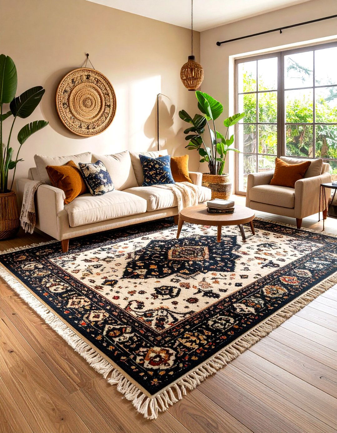 Statement Rug on Tan Flooring - 20 Tan Living Room Ideas