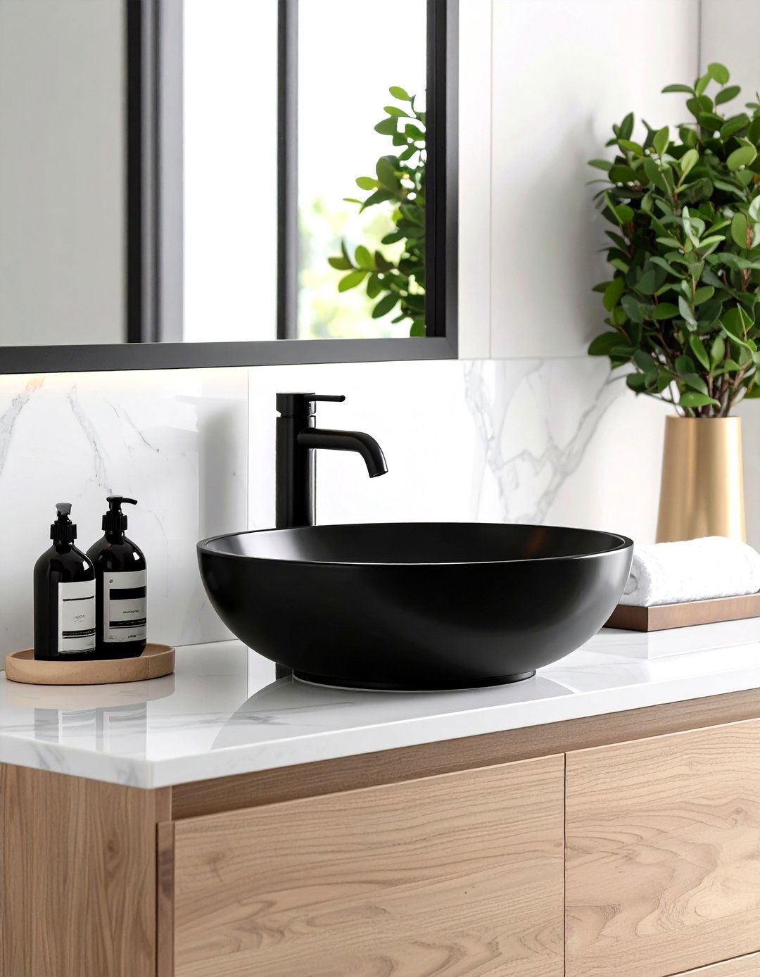Statement Sink in Glossy Black - 20 Black and White Powder Room Ideas