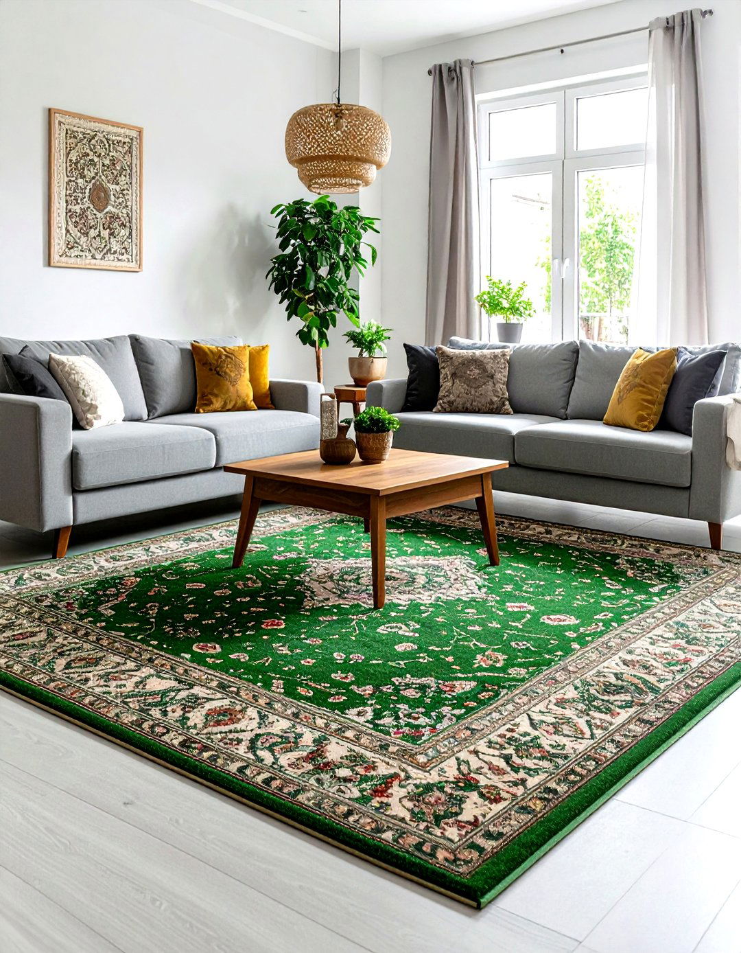 Statement Verdant Rug Anchoring Mid Grey Furniture - 20 Green and Grey Living Room Ideas