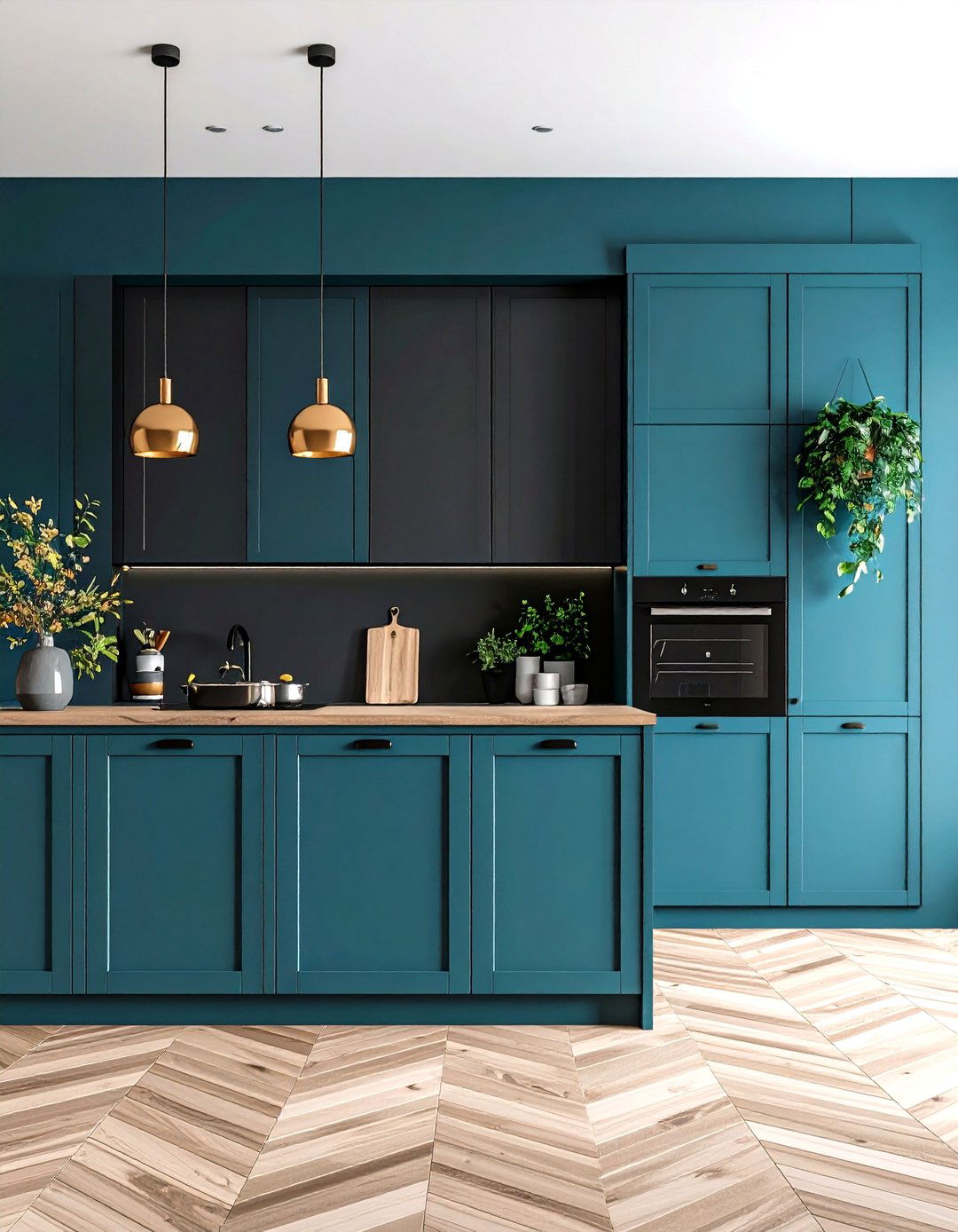 Statement Wall Contrasting Colors and Finishes - 20 Floor to Ceiling Kitchen Cabinets