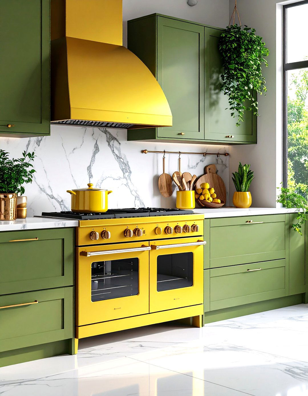 Statement Yellow Range in Green Kitchen - 20 Green and Yellow Kitchen Ideas