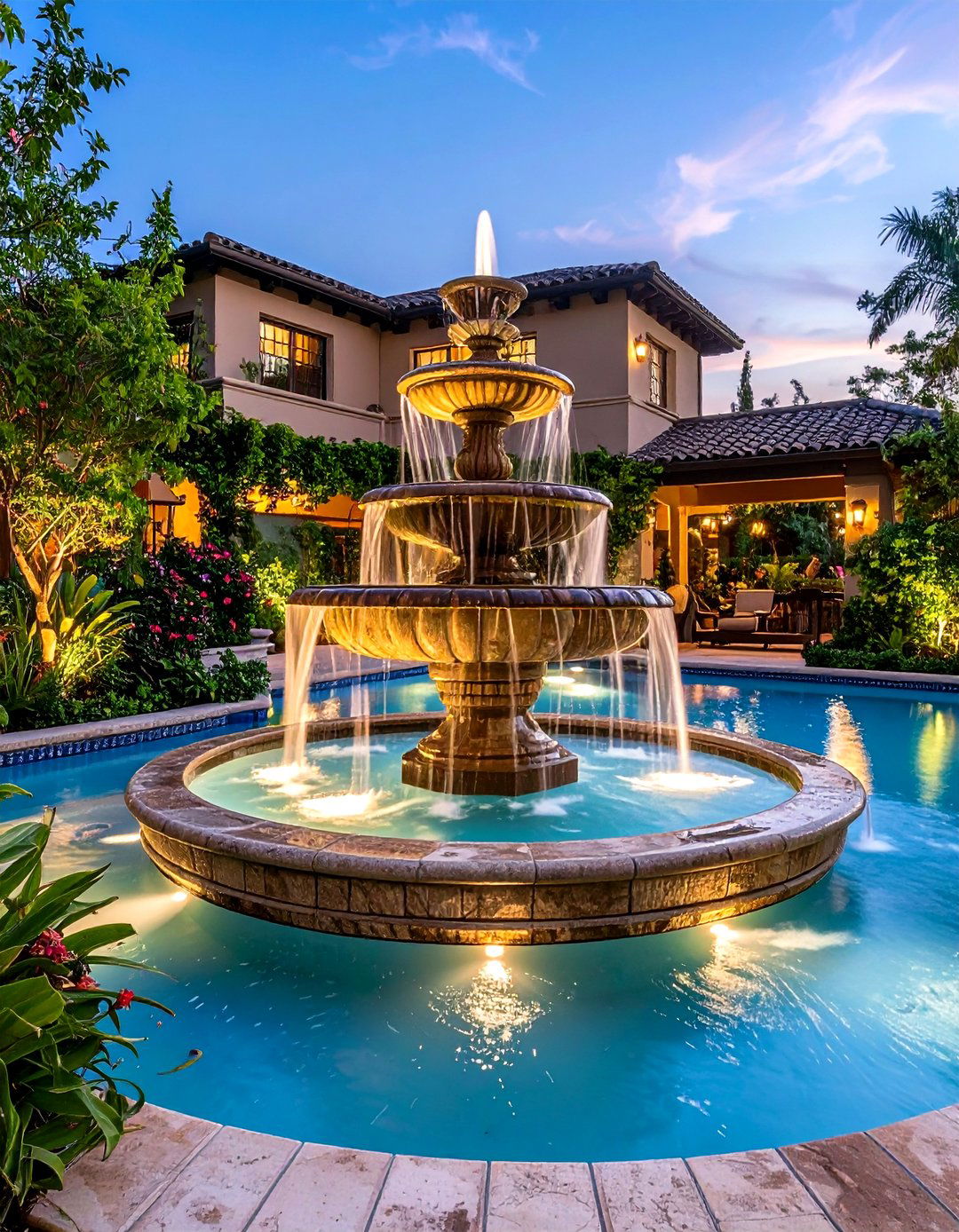 Statue Style Tiered Fountains Classic Pool Feature - 20 Pool Fountain Ideas