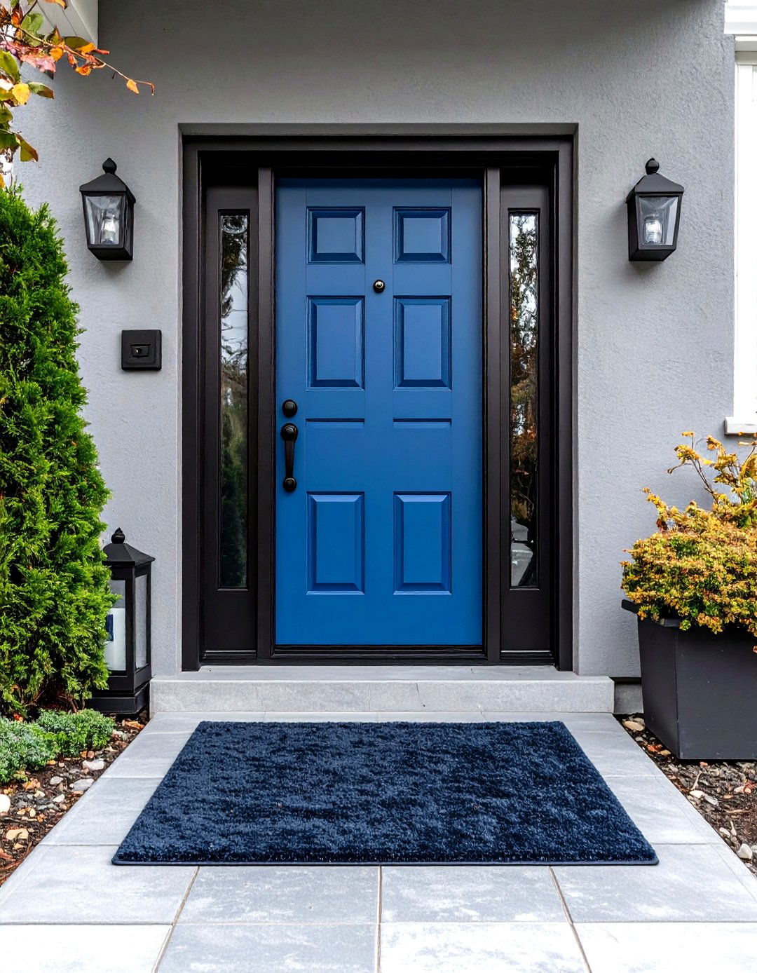 Steel Blue Door on Monochromatic Grey House - 20 Grey House With Blue Door Ideas