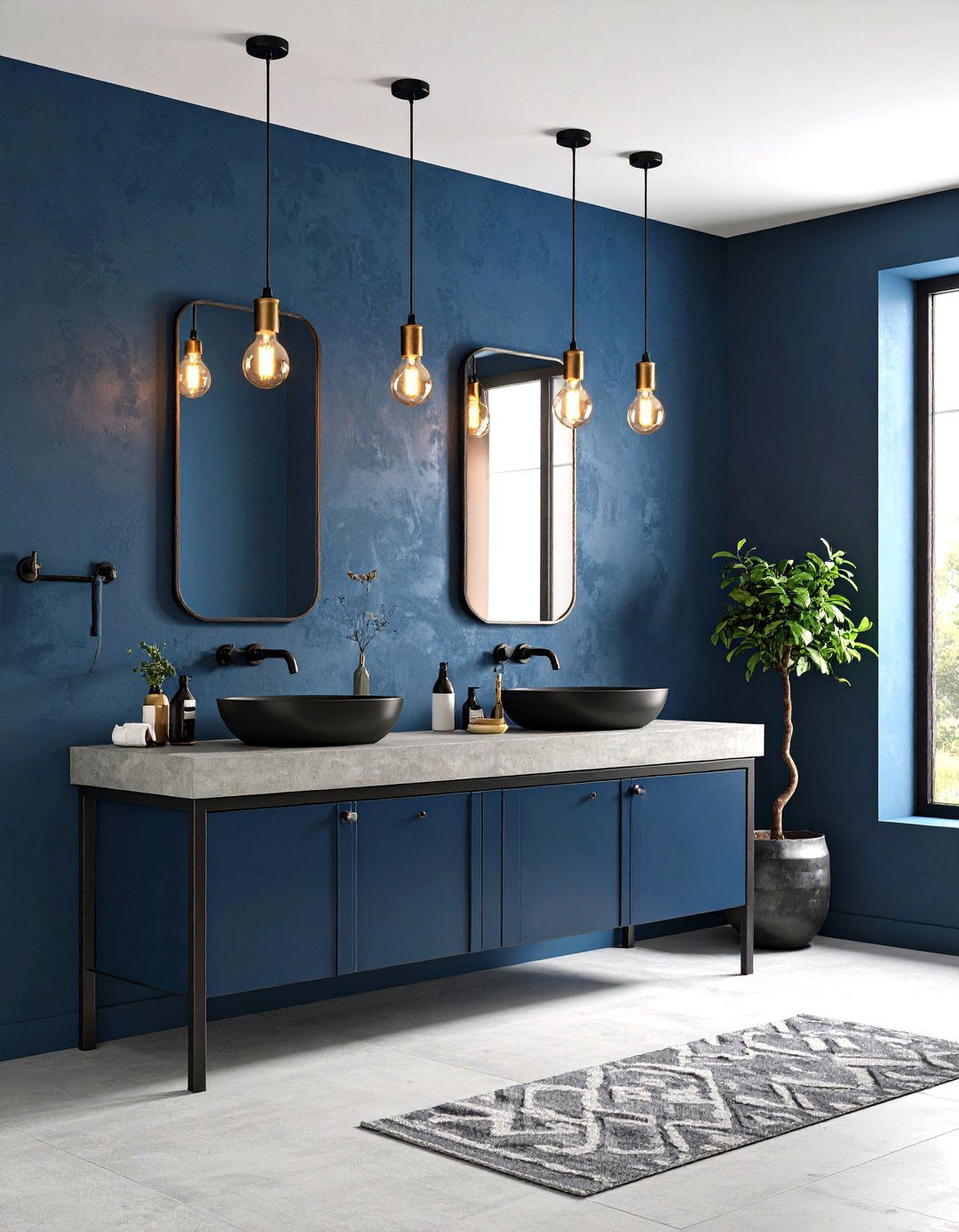 Steel Blue Powder Room with Industrial Fixtures - 20 blue powder room ideas