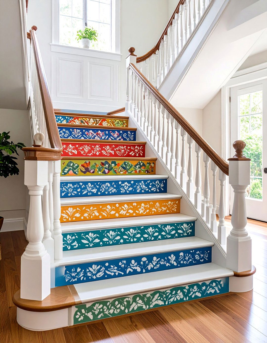 Stenciled Pattern Painted Stair Design - 20 Painted Stair Ideas