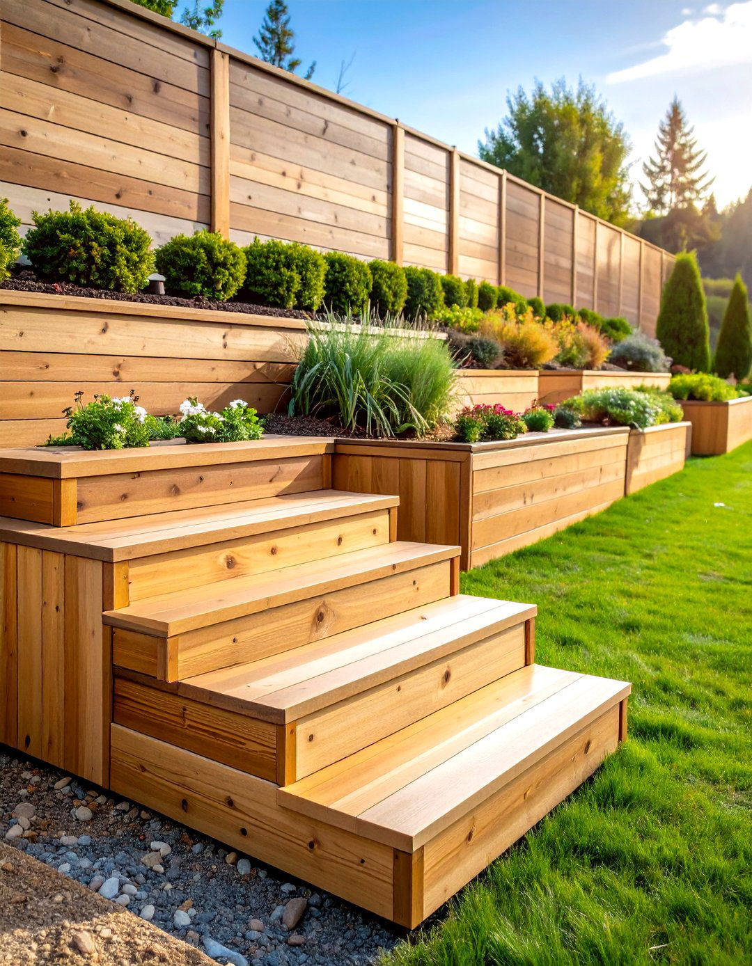 Stepped Wood Retaining Wall with Stairs - 20 Wood Retaining Wall Ideas