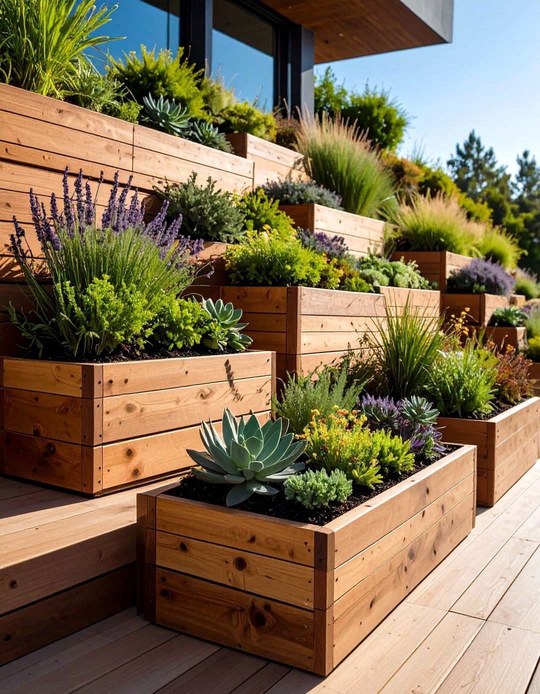 Stepped Wooden Planters - 20 Sloping Garden Design Ideas