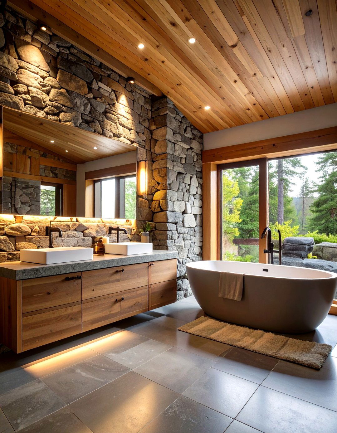Stone Accent Wall Log Cabin Bathroom - 20 Log Cabin Bathroom Ideas