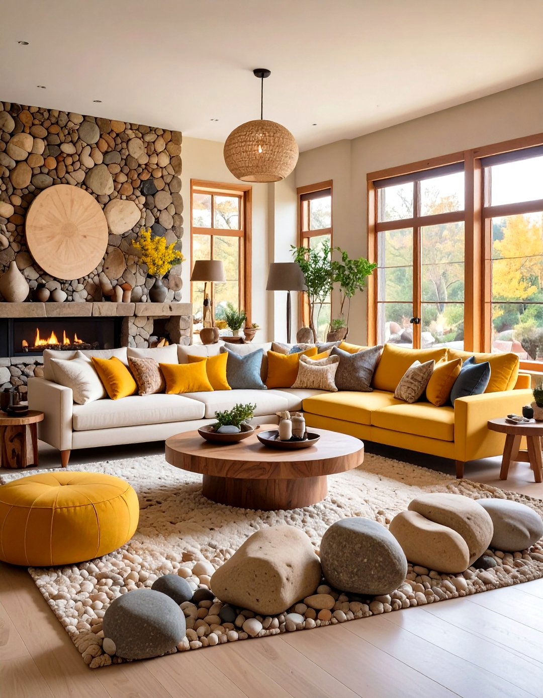 Stone Accent Zen Living Room with Natural Rock Elements - 20 Zen Living Room Ideas