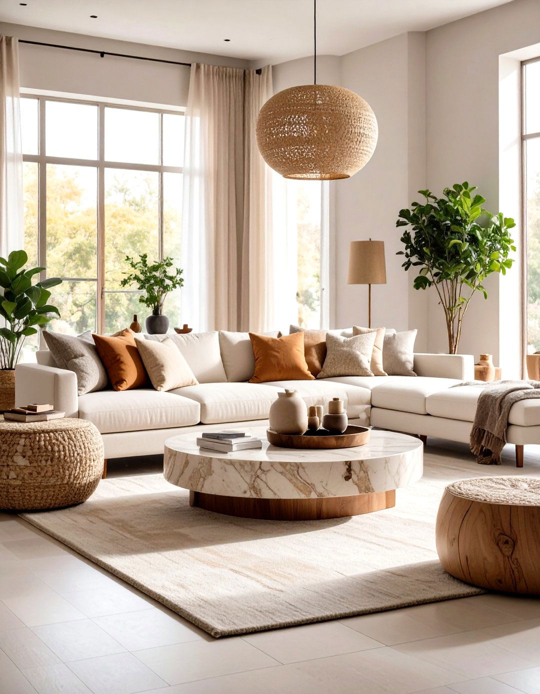 Stone Accessories Ground the Palette - 20 Earthy Living Room Decor Ideas