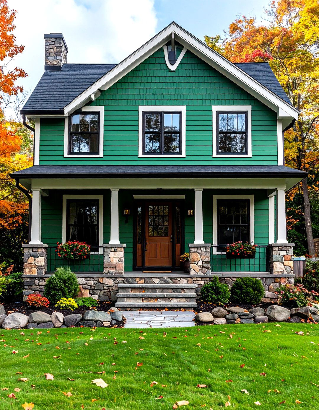 Stone Base Green Lap Siding Accented in Black - 20 Green House Exterior With Black Trim