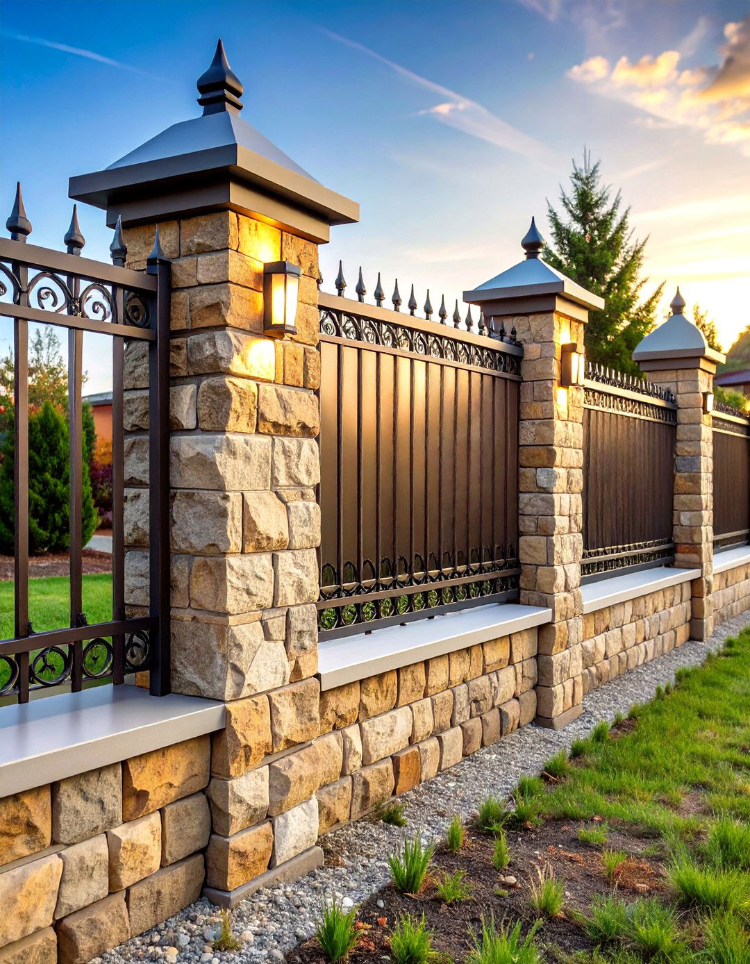 Stone Base and Iron Panel Front Yard Fence - 20 Front Yard Fence Ideas