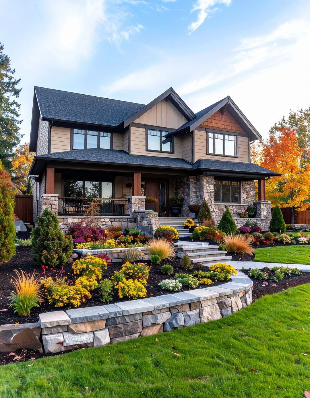 Stone Caped Wainscoting Framing Raised Flower Beds - 20 Exterior Wainscoting Ideas