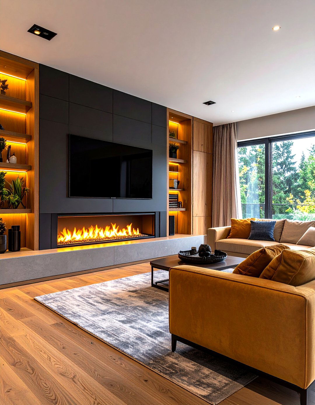 Stone Clad Chimney with Set Back Minimalist Built Ins - 20 Fireplace Built-in Ideas