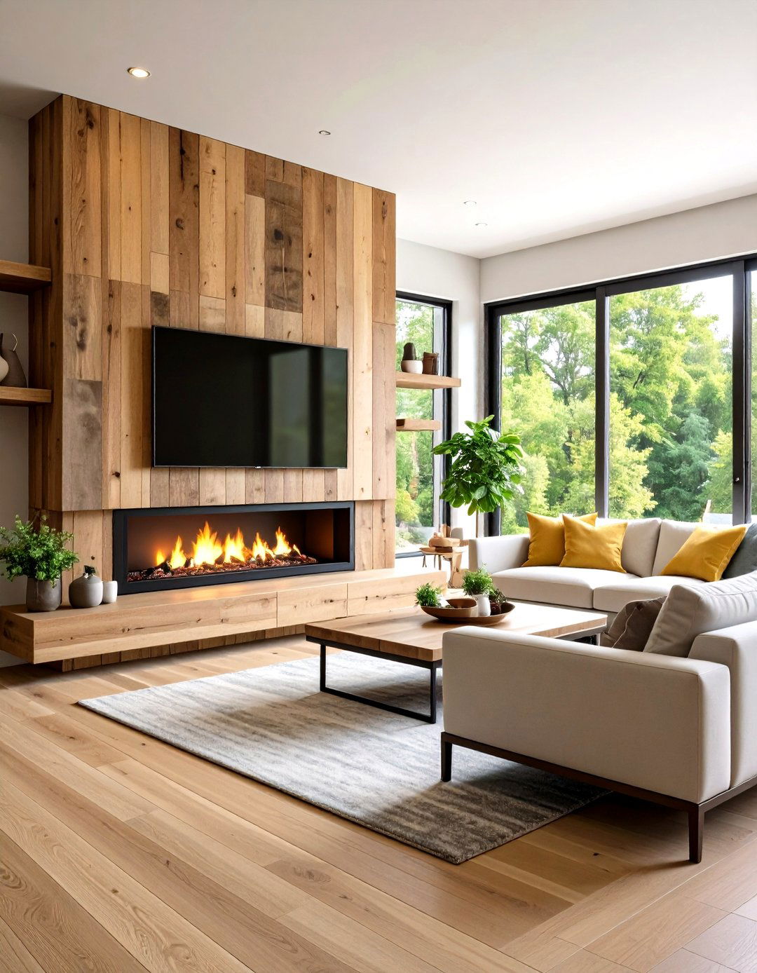 Stone Clad Linear Fireplace with Natural Texture Wall Treatment - 20 Linear Fireplace Ideas With Tv Above