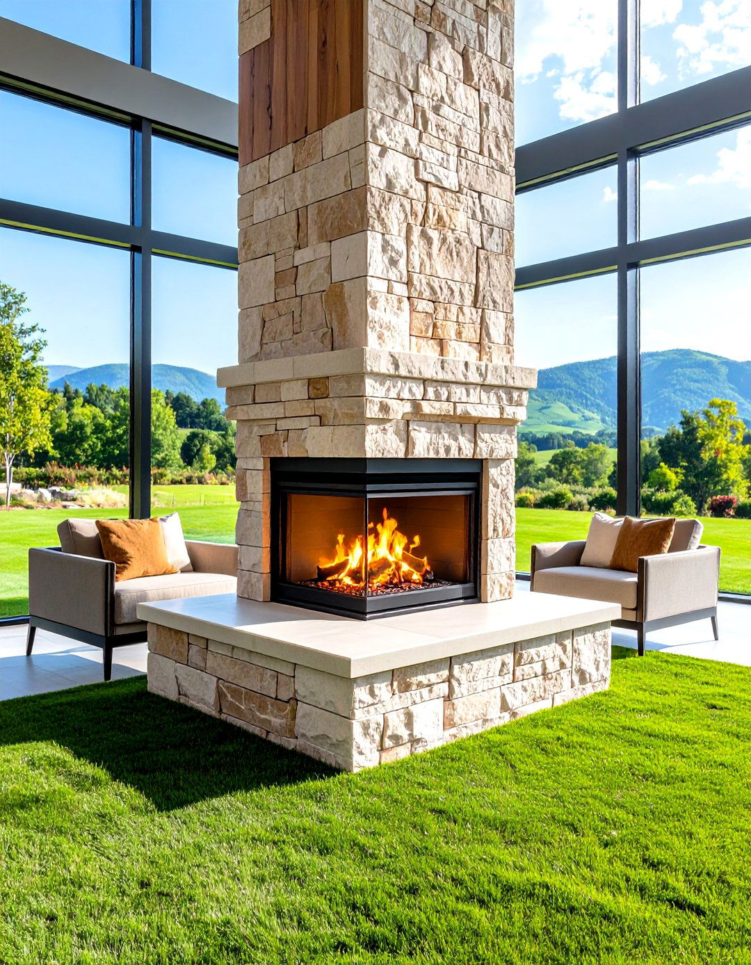 Stone Clad Three Sided Gas Fireplace for Open Floor Plans - 20 3 Sided Fireplace Ideas