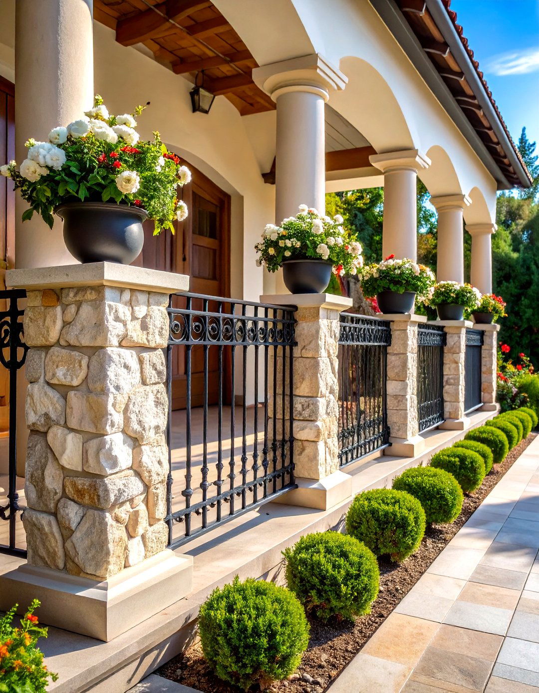 Stone Column Porch Railing with Metal Infill - 20 Porch Railing Ideas