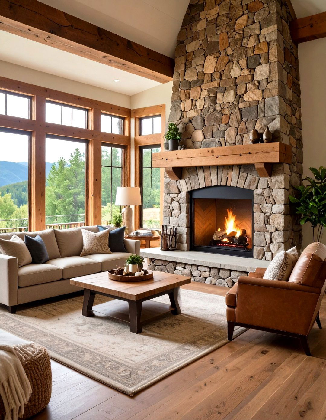 Stone Fireplace Becomes a Dramatic Anchor in the Farmhouse Living Room - 20 Farmhouse Living Room Ideas