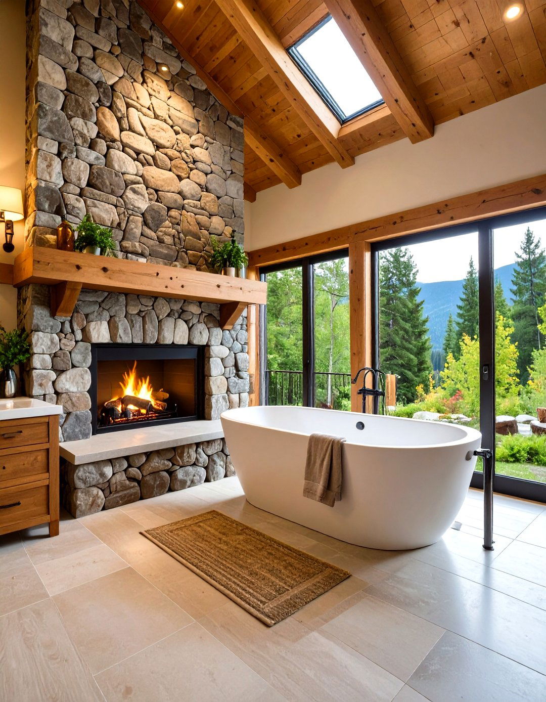 Stone Fireplace Log Cabin Bathroom Retreat - 20 Log Cabin Bathroom Ideas