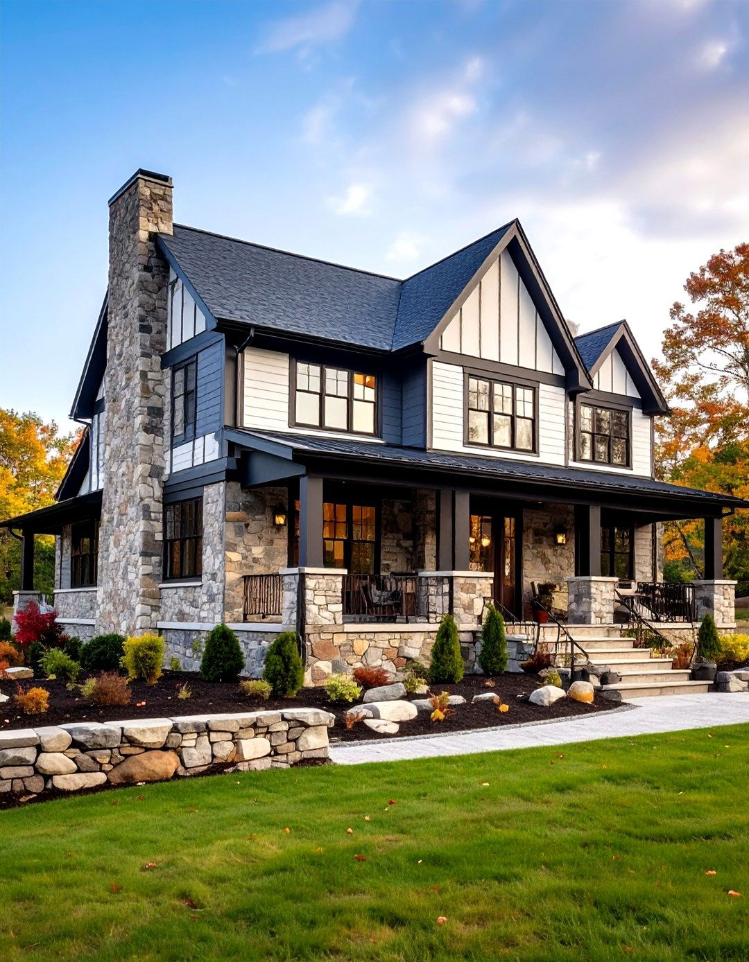 Stone Foundation White Farmhouse With Black Windows Design - 20 White Farmhouse With Black Windows Ideas