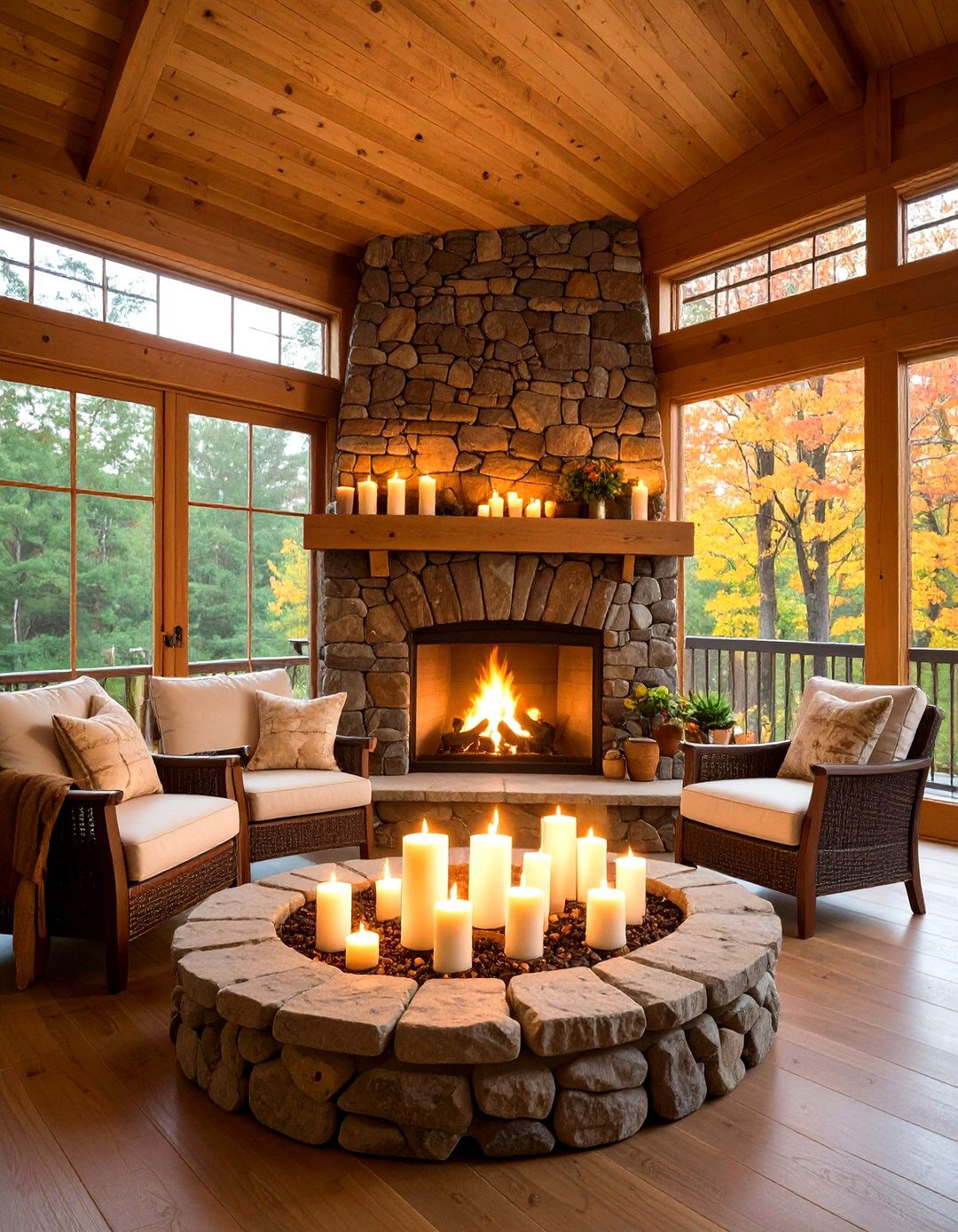 Stone Hearth as a Four Season Focal Point - 20 Farmhouse Sunroom Ideas