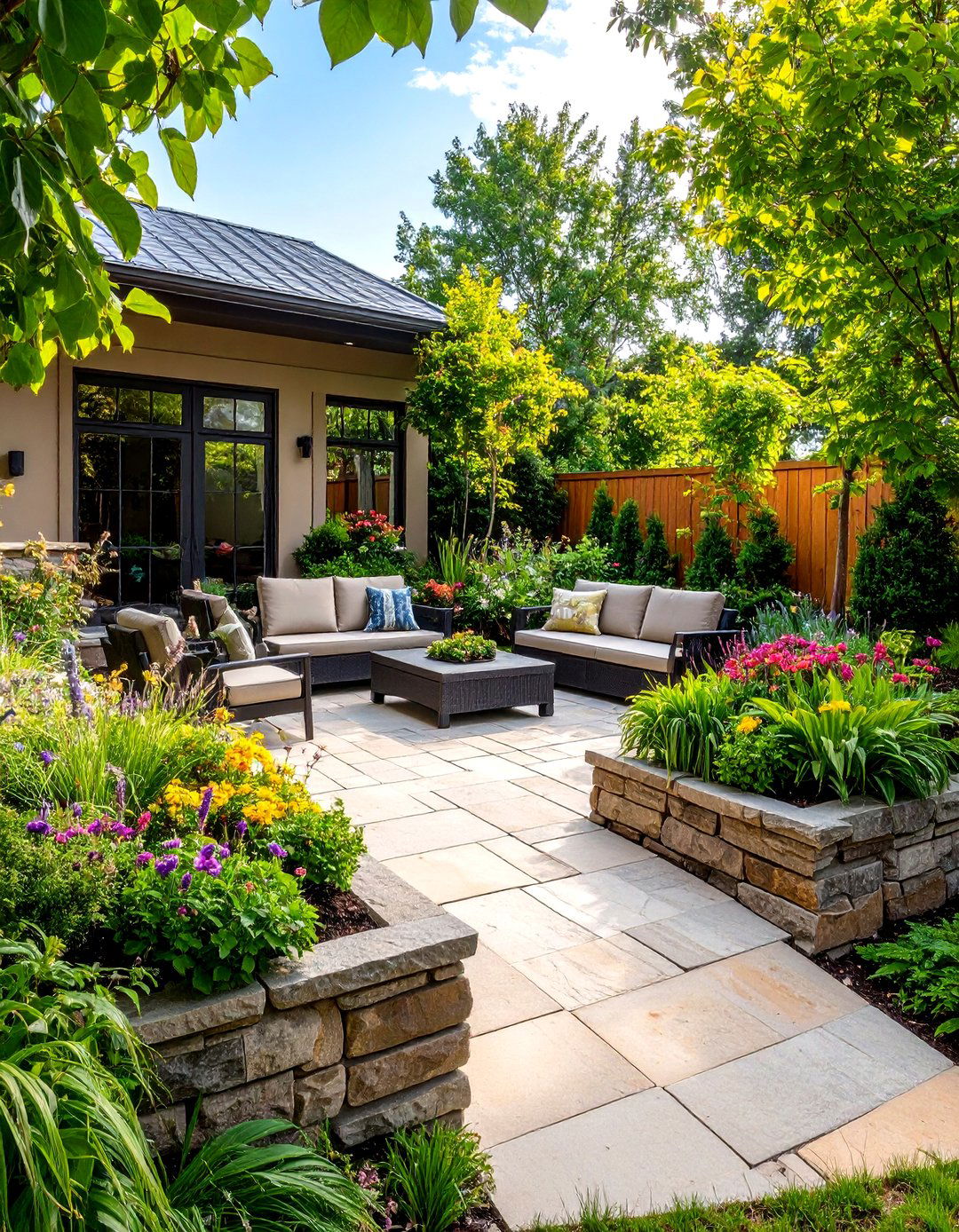 Stone Patio with Raised Stone Planters - 20 Stone Patio Ideas