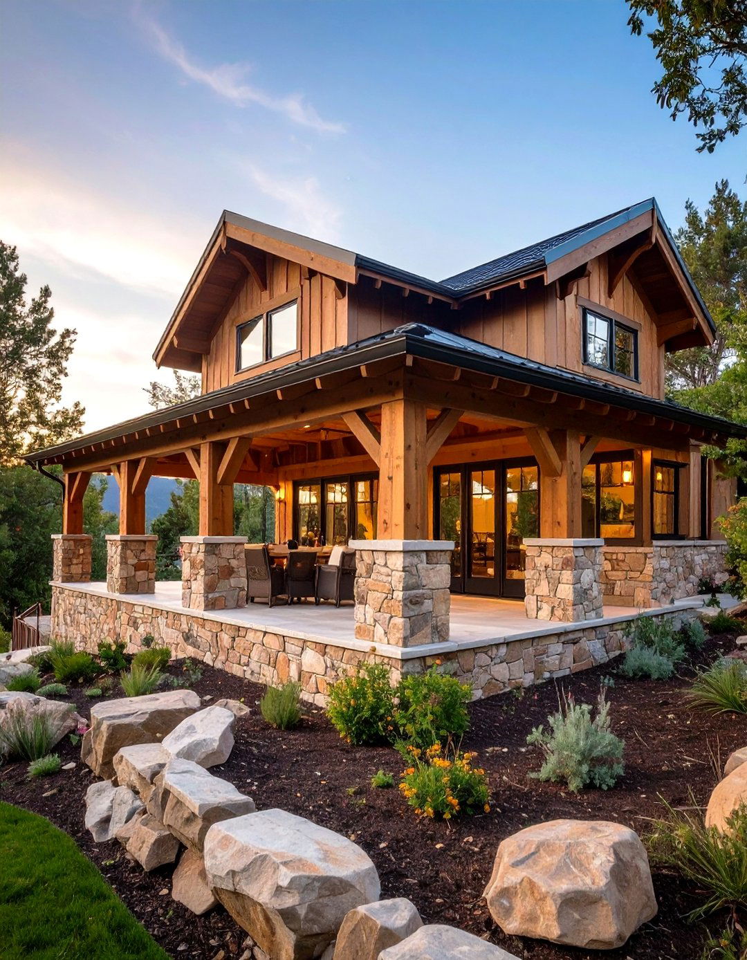 Stone Pier Gable Patio Roof Grounds the Structure with Rustic Charm - 20 Gable Patio Roof Design Ideas