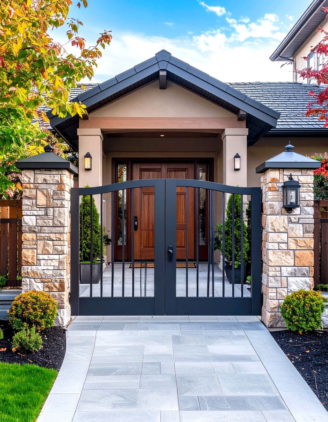 Stone Piers With Metal Infill for Stately Presence - 20 Front Door Gate Ideas