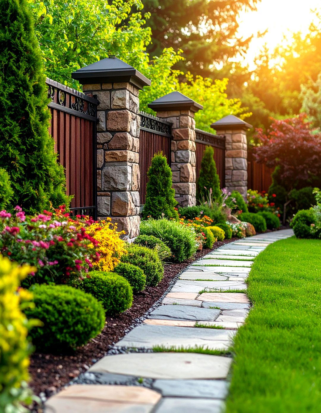 Stone Pillar Corner Fence with Mixed Materials - 20 Corner Fence Ideas