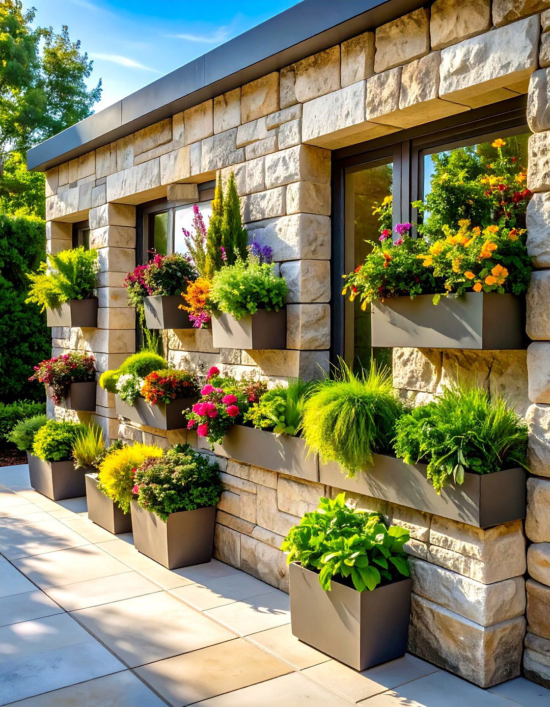 Stone Planter Boxes Integrated - 20 Stone Exterior Home Ideas