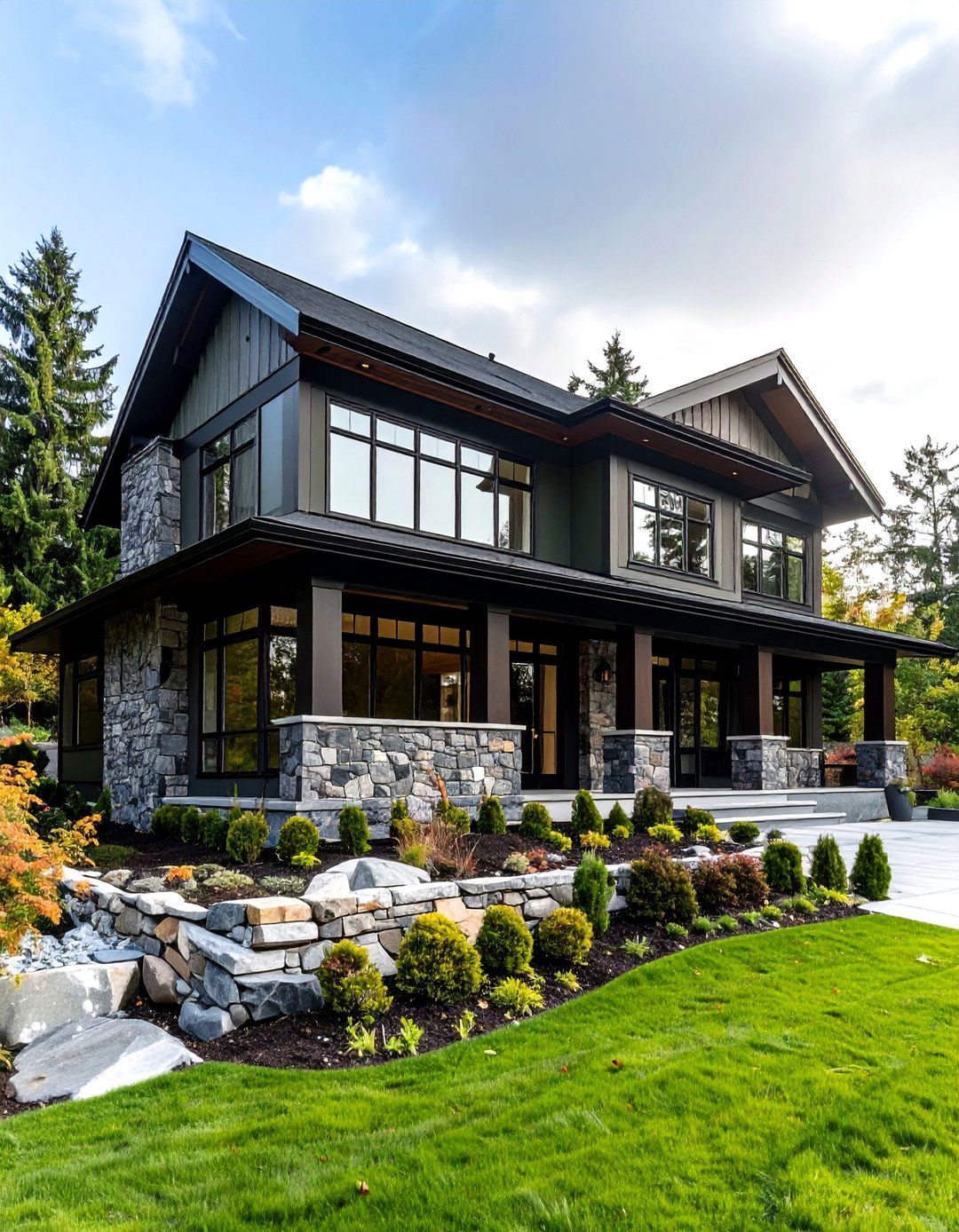 Stone Skirting Elevating a Dark Olive Green House - 20 Dark Olive Green House With Black Trim