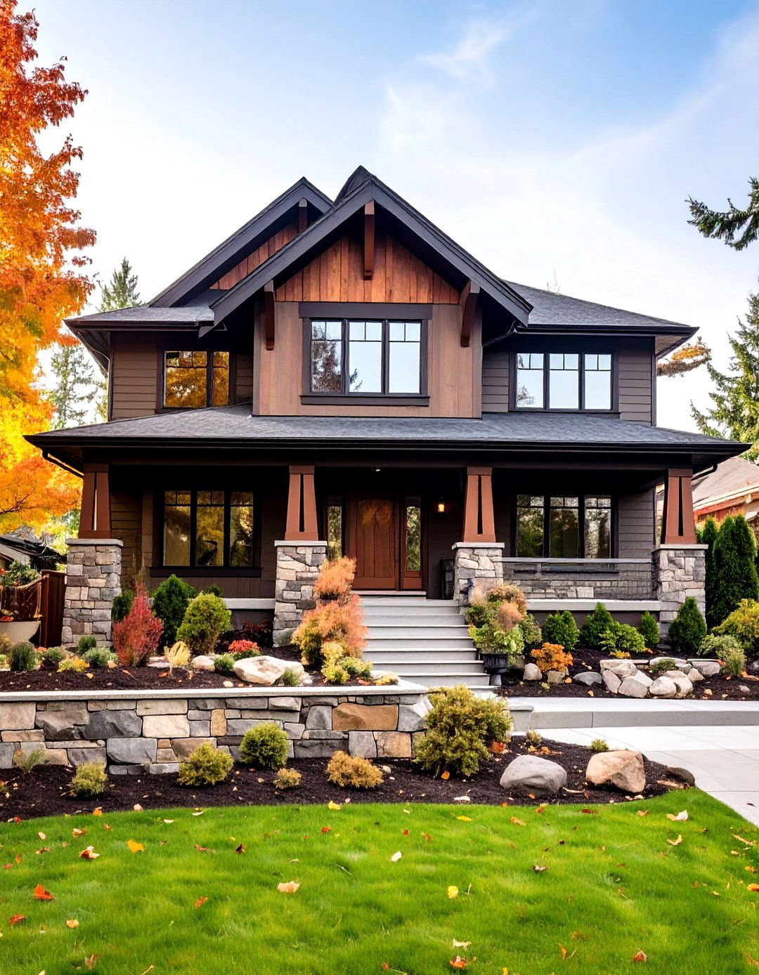 Stone Skirts Anchor a Dark Brown House Exterior - 20 Dark Brown House Exterior Ideas