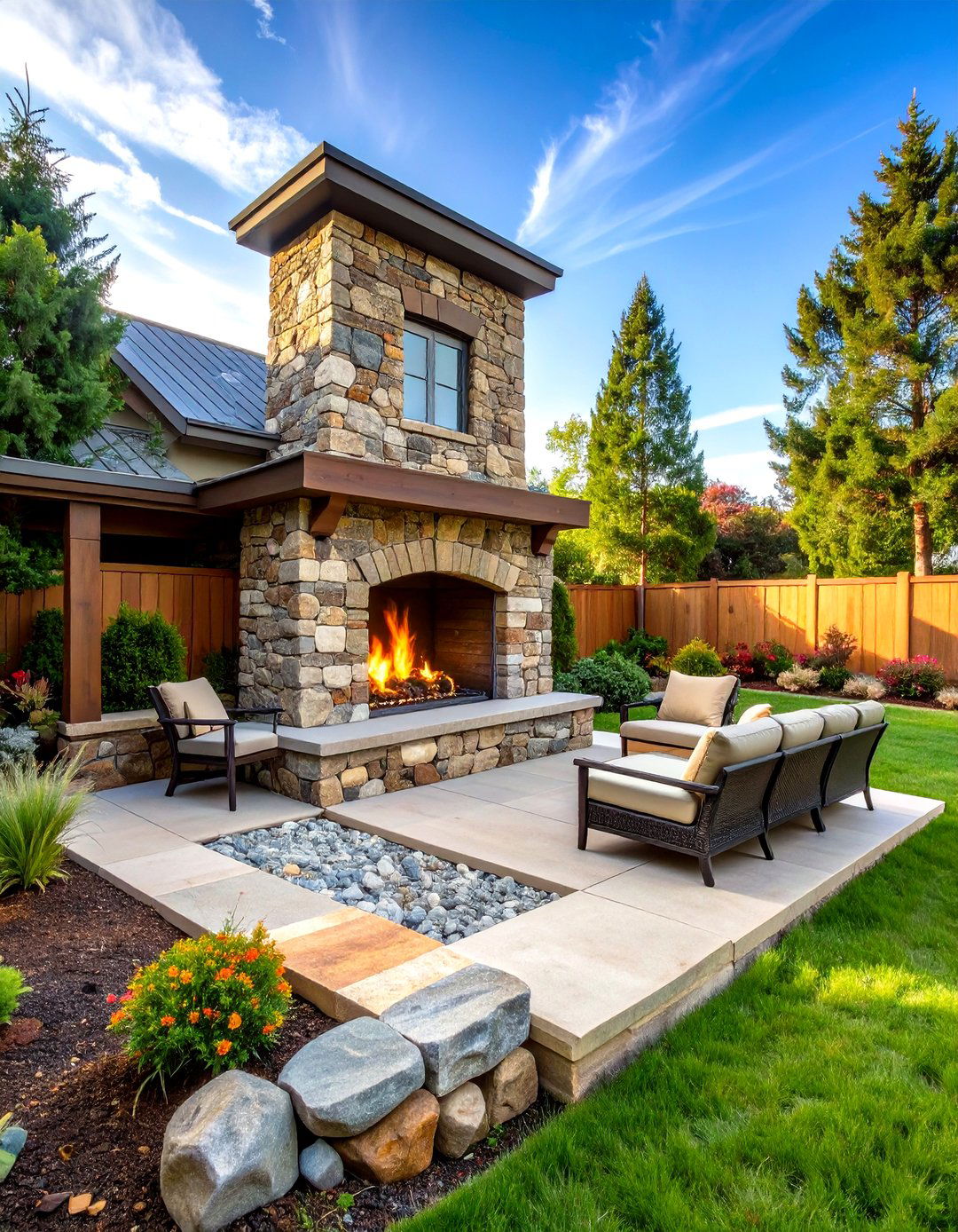 Stone Stacked Outdoor Corner Fireplace - 20 Outdoor Corner Fireplace Ideas