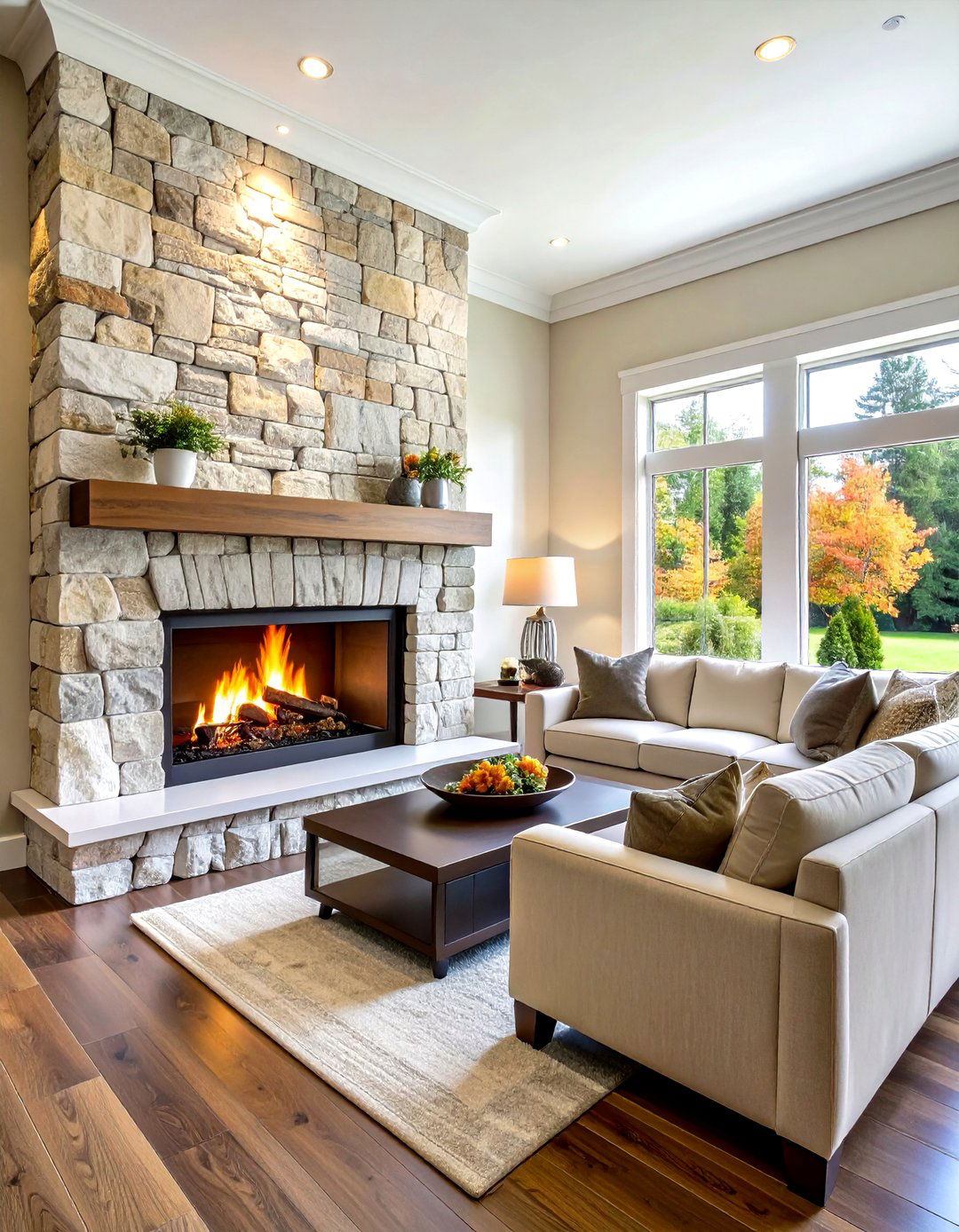 Stone Surrounded Corner Gas Fireplace with Natural Texture - 20 Corner Gas Fireplace Ideas