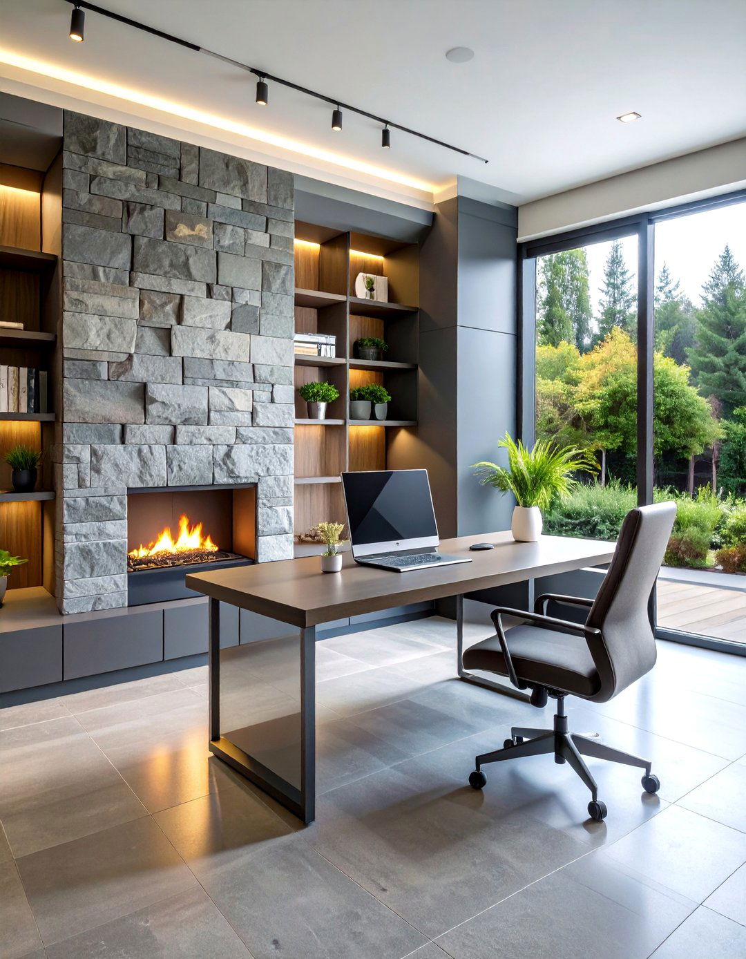 Stone Veneer Fireplace with Modern Ergonomics - 20 Home Office With Fireplace Ideas
