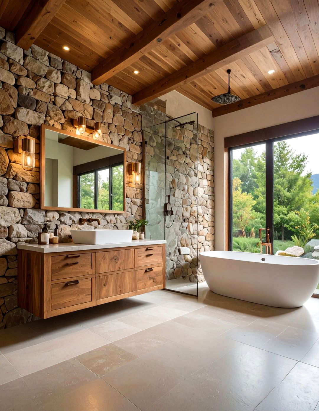 Stone Wall Rustic Bathroom with Natural Rock Cladding - 20 Rustic Bathroom Ideas
