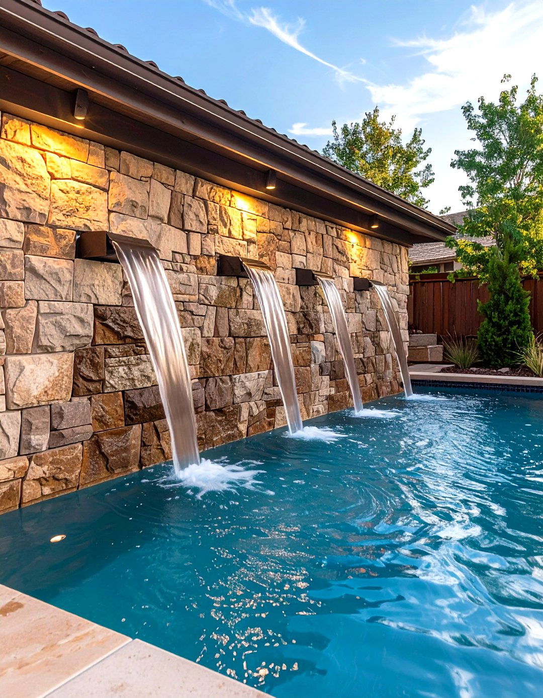 Stone Wall Spout Fountains Textured Pool Feature - 20 Pool Fountain Ideas