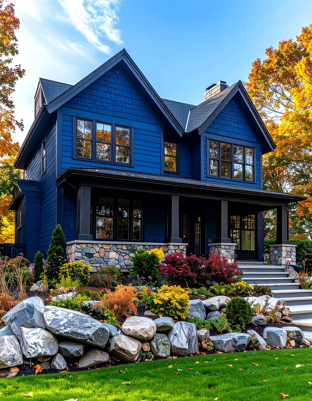 Stone and Brick Grounding Elements - 20 Dark Blue House With Black Trim
