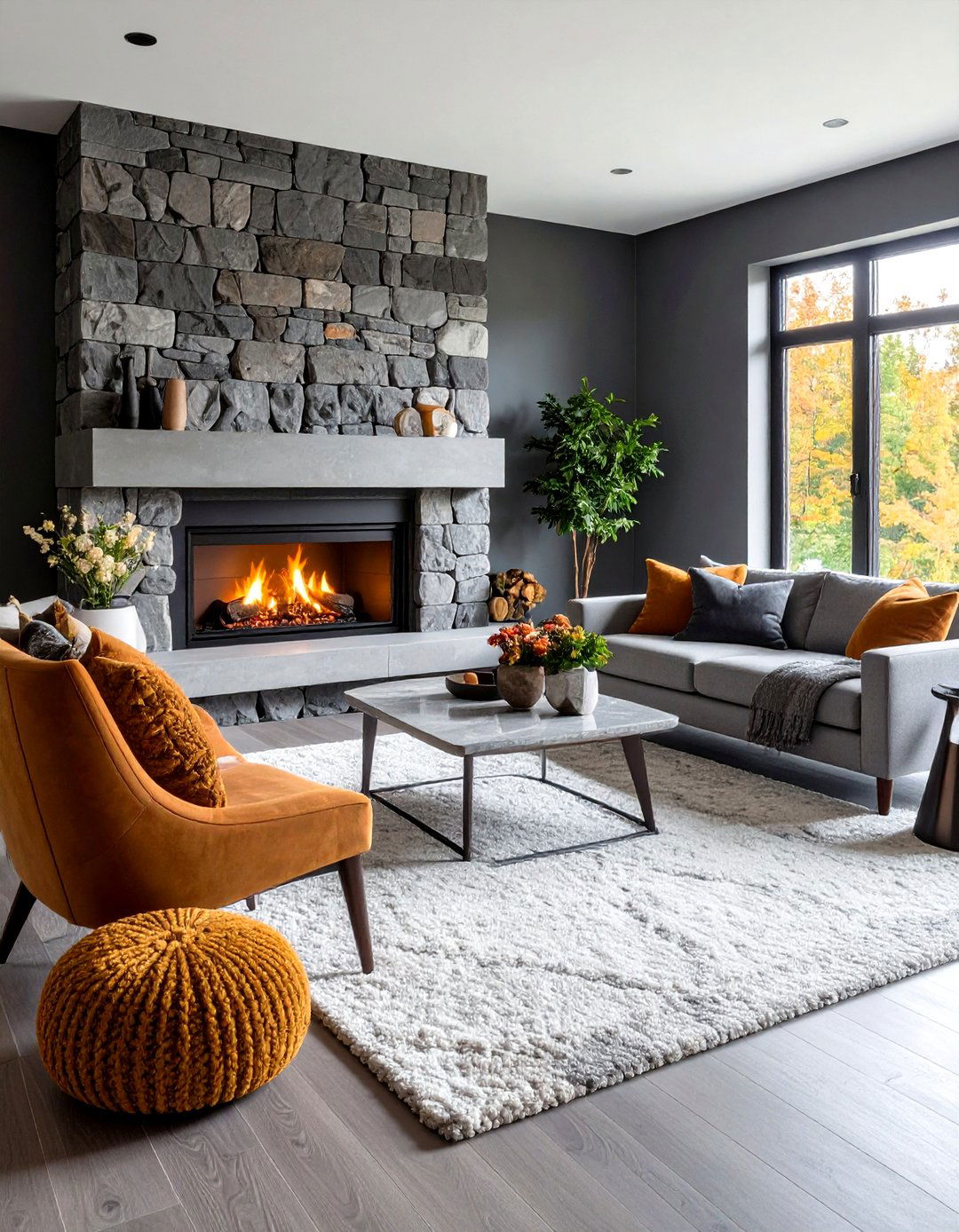 Stone and Concrete Accents Ground a Gray Living Room - 20 Gray Living Room Ideas