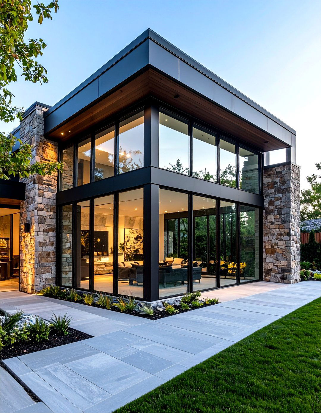 Stone and Glass Hybrid Facade - 20 Stone Exterior Home Ideas