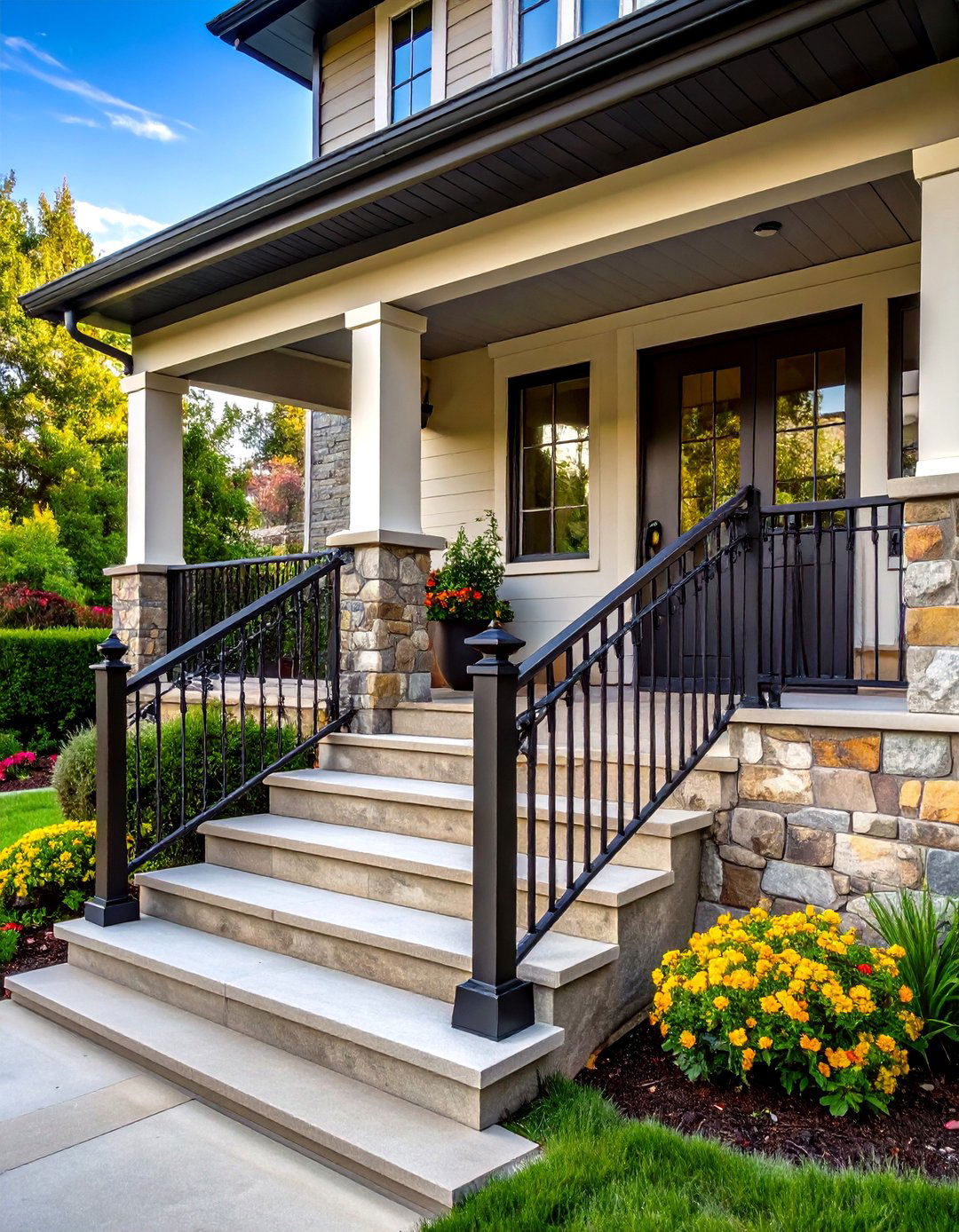 Stone and Metal Railings - 20 Stone Porch Ideas
